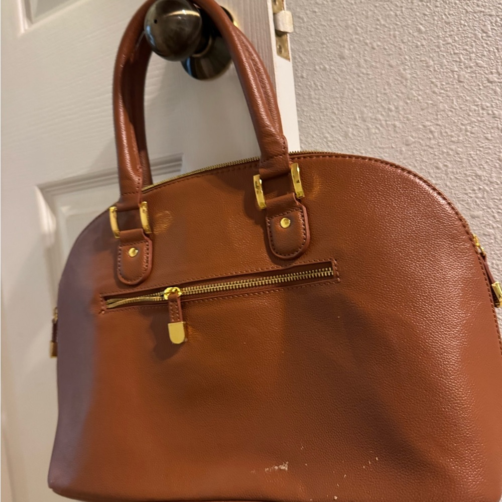Joy and Iman Tan Leather Satchel with Gold Accents - Picture 3 of 7